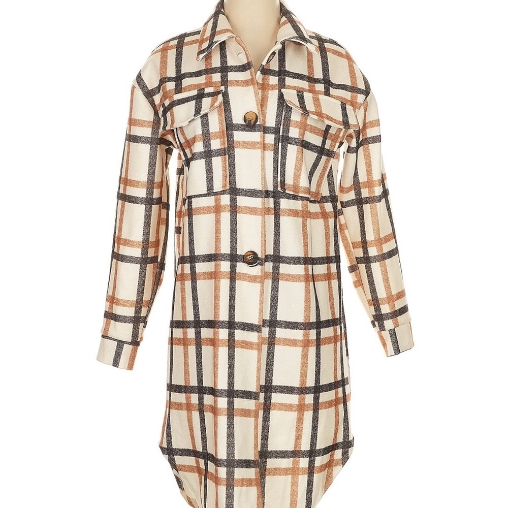 Plaid Button-Front Shacket Coat in Cream and Brown